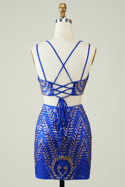 Royal Blue Two Piece Glitter Tight Homecoming Dress