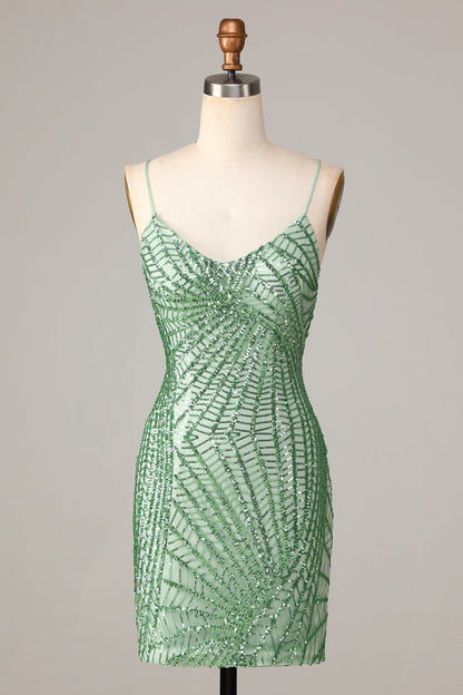 Club Chic Sheath Spaghetti Straps Green Sequins Short Homecoming Dress with Criss Cross Back