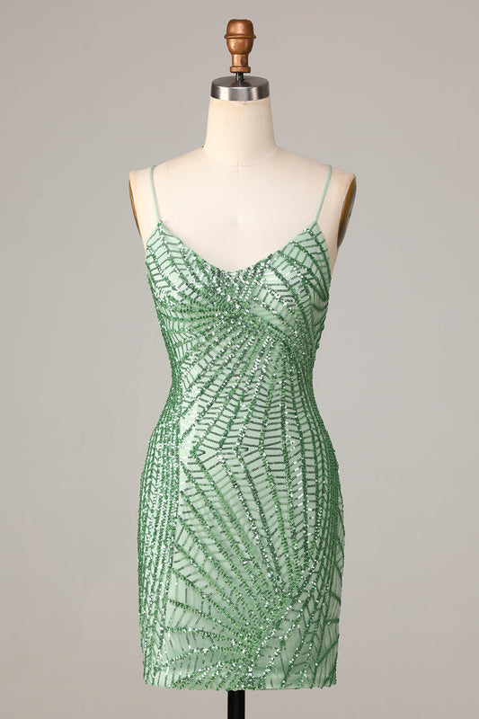 Club Chic Sheath Spaghetti Straps Green Sequins Short Homecoming Dress with Criss Cross Back