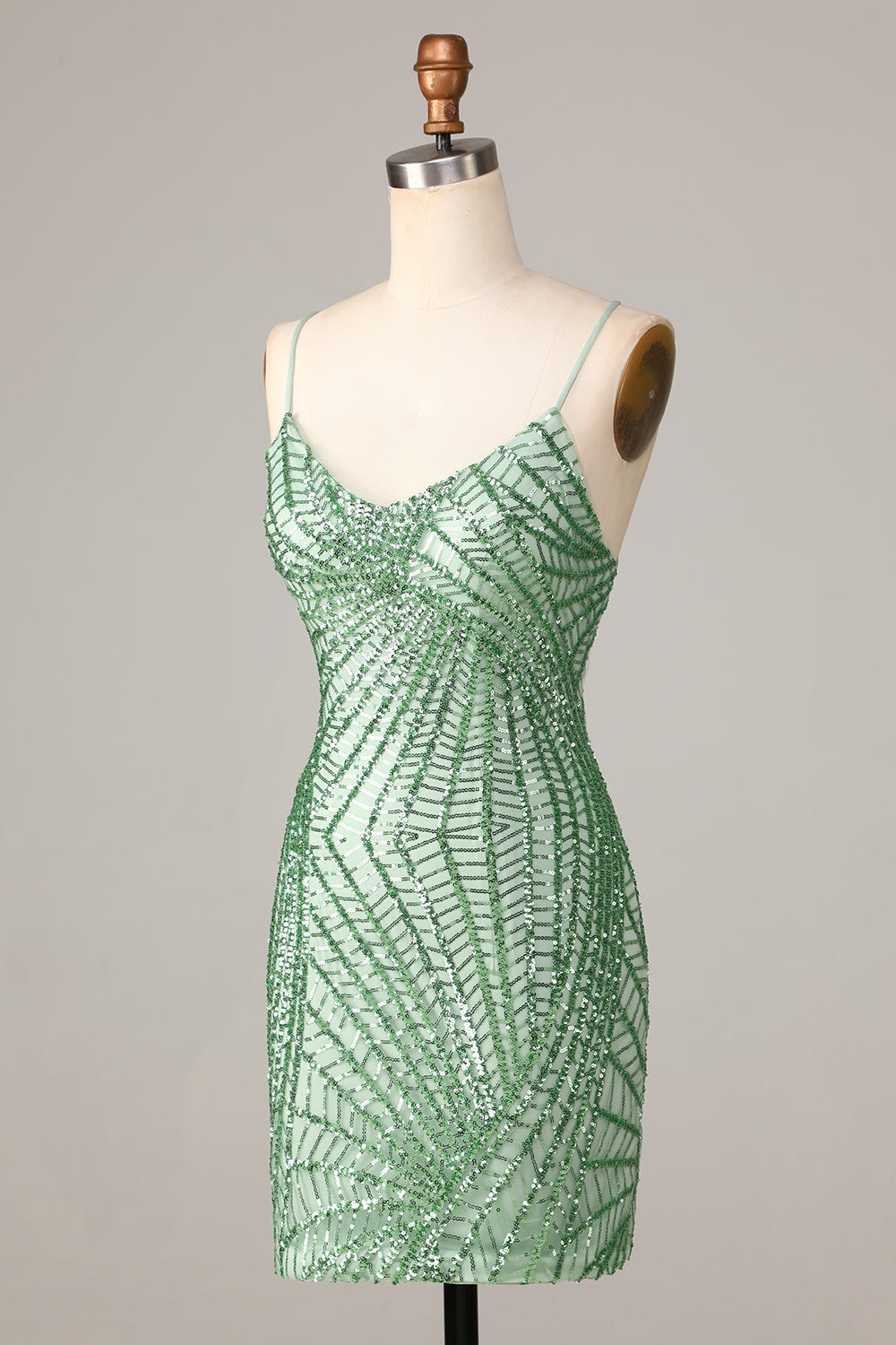 Club Chic Sheath Spaghetti Straps Green Sequins Short Homecoming Dress with Criss Cross Back