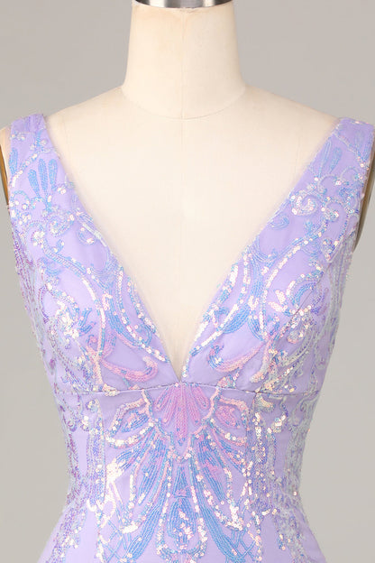 Lost In Your Eyes Bodycon V-Neck Lilac Sequins Short Homecoming Dress