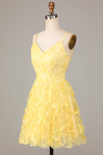 Keep Glowing A Line Spaghetti Straps Yellow Short Homecoming Dress with Appliques