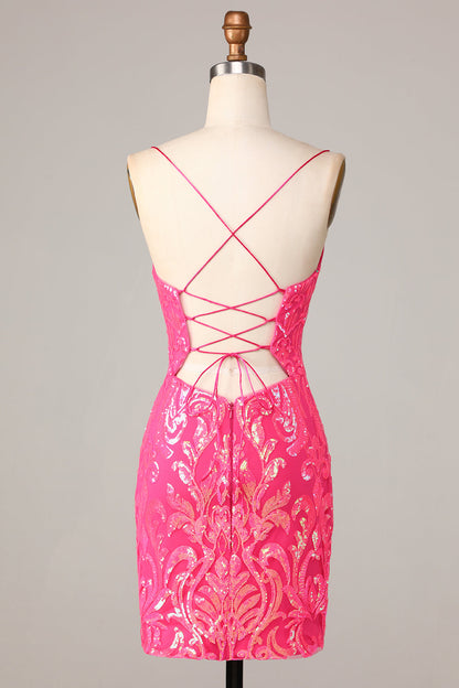 Undeniably Amazing Sheath Spaghetti Straps Fuchsia Sequins Short Homecoming Dress