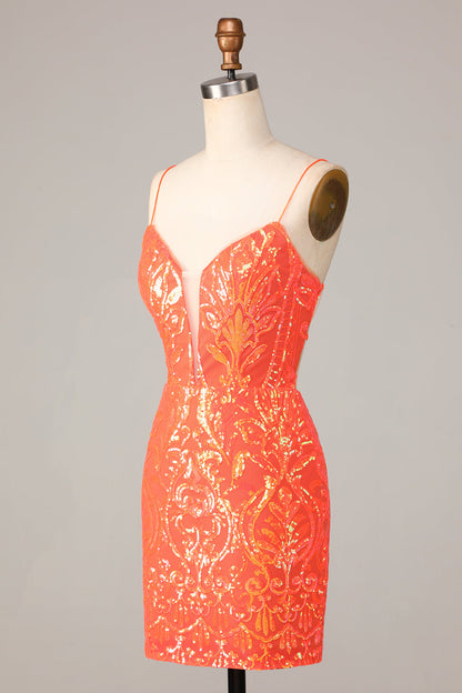 Sparkle 'til Dawn Bodycon Spaghetti Straps Orange Sequins Short Homecoming Dress