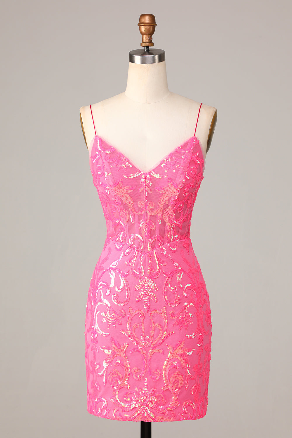 Undeniably Amazing Sheath Spaghetti Straps Fuchsia Sequins Homecoming Dress