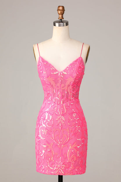 Undeniably Amazing Sheath Spaghetti Straps Fuchsia Sequins Homecoming Dress