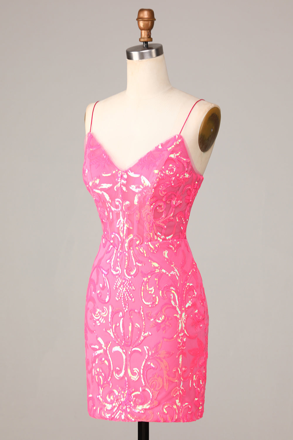 Undeniably Amazing Sheath Spaghetti Straps Fuchsia Sequins Homecoming Dress