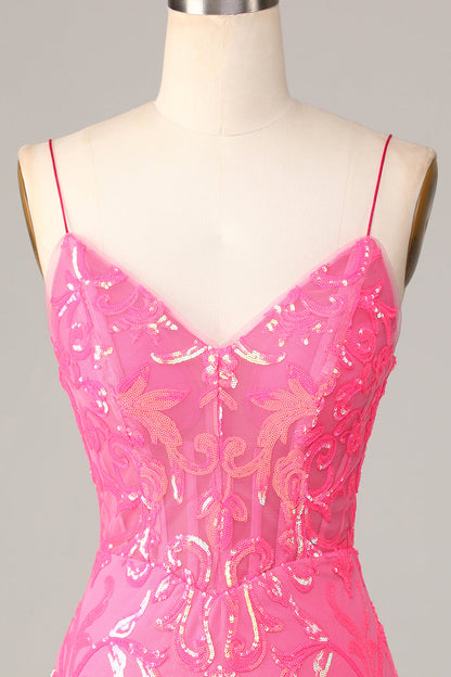 Undeniably Amazing Sheath Spaghetti Straps Fuchsia Sequins Homecoming Dress