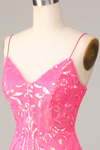 Undeniably Amazing Sheath Spaghetti Straps Fuchsia Sequins Homecoming Dress