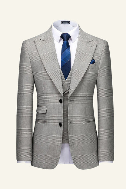 Grey Plaid Peak Lapel 3 Piece Men Wedding Suits