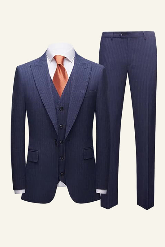 Dark Blue Pinstriped 3 Piece Men Wedding Suits