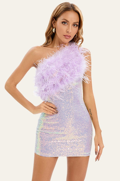 Purple Bodycon One-Shoulder Sequin Patchwork Homecoming Dress With Feather