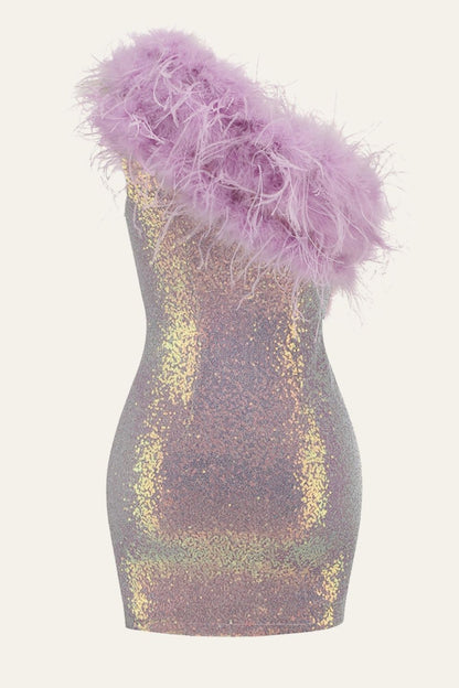 Purple Bodycon One-Shoulder Sequin Patchwork Homecoming Dress With Feather