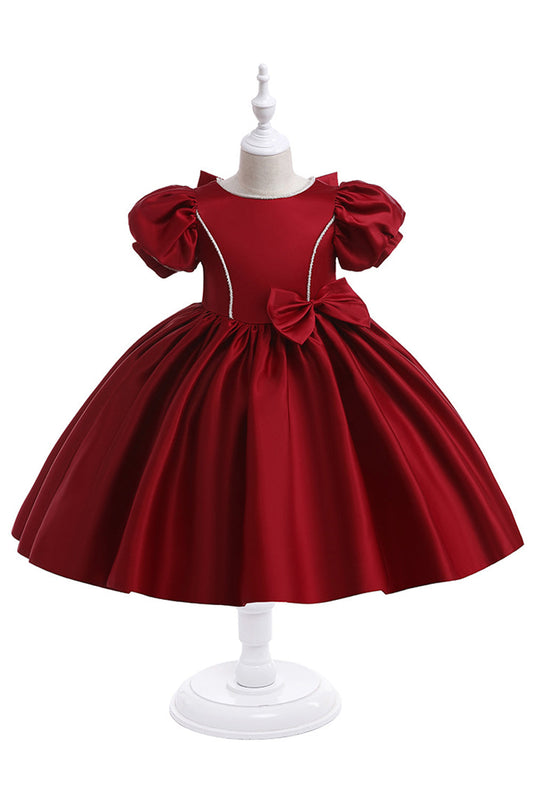 Burgundy Satin Girl Dress with Bow