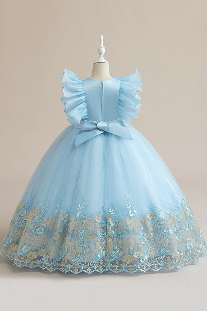 Blue A Line Tulle Girl Dress with Embroidery