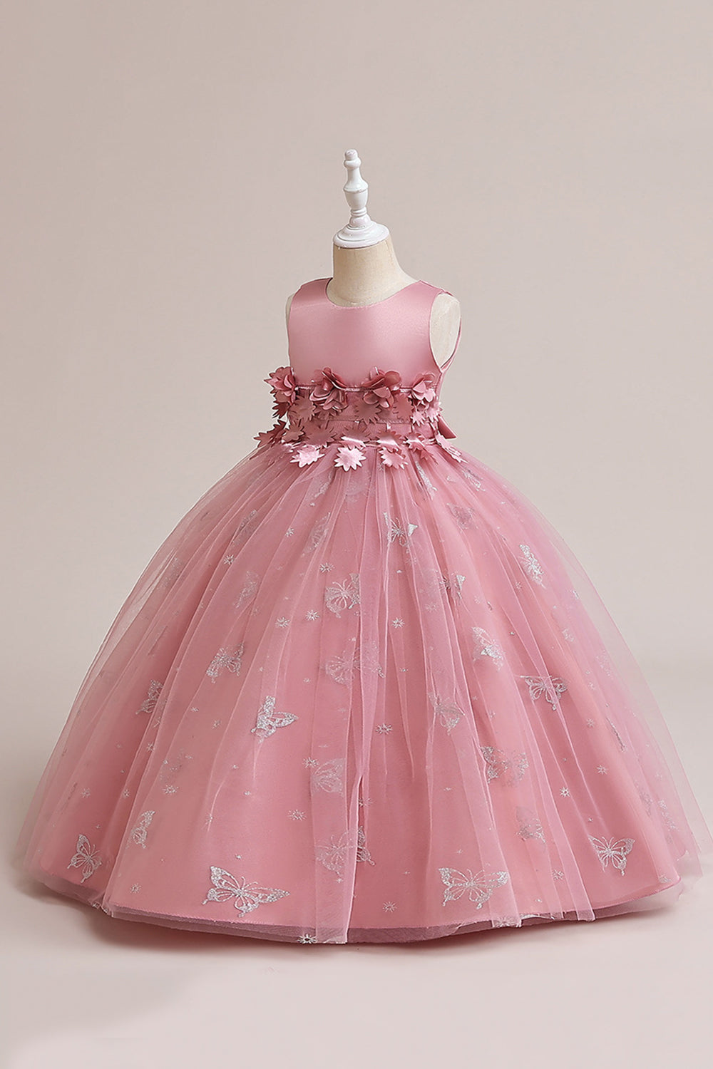 Pink Tulle Sleeveless Girl Dress with Appliques