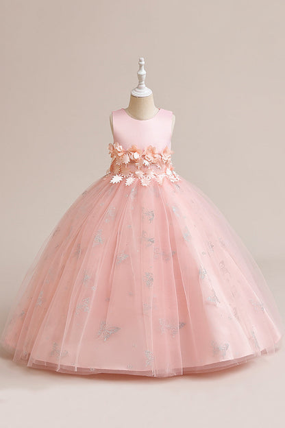 Pink Tulle Sleeveless Girl Dress with Appliques