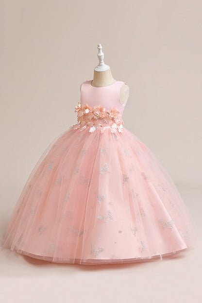 Pink Tulle Sleeveless Girl Dress with Appliques