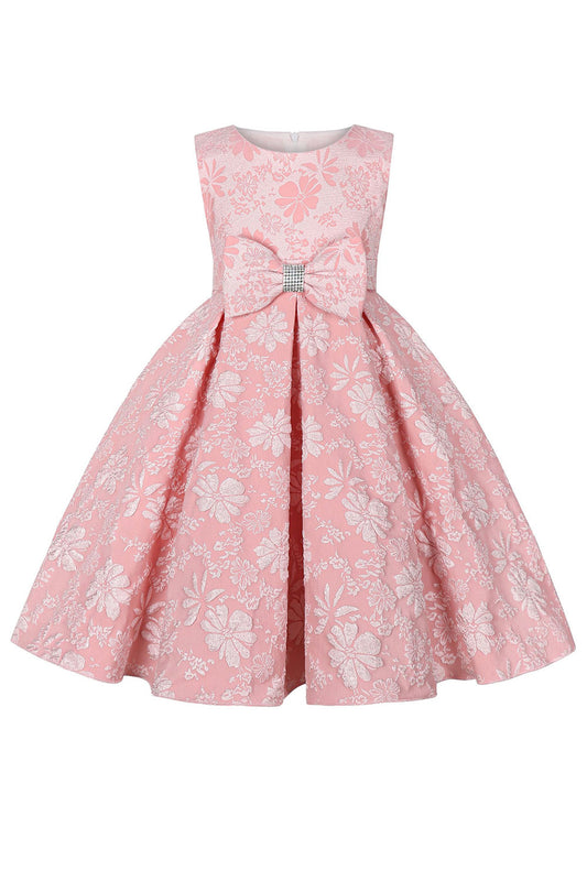 Cute Jewel Neck Pink Jacquard Girl Dress