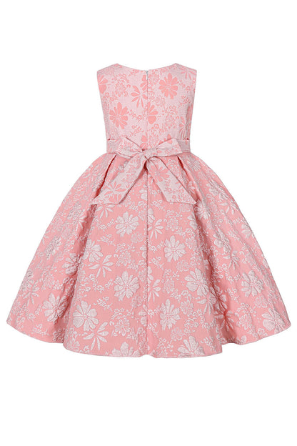 Cute Jewel Neck Pink Jacquard Girl Dress