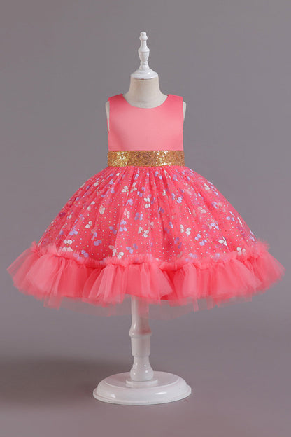 A Line Jewel Neck Pink Girl Party Dress with Appliques