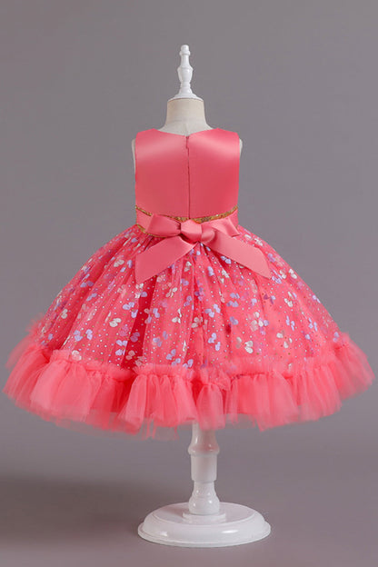 A Line Jewel Neck Pink Girl Party Dress with Appliques