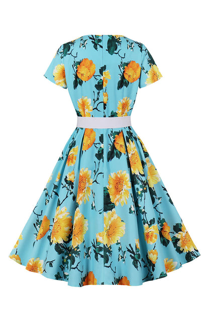 Blue Flower Print Short Sleeves Vintage Dress