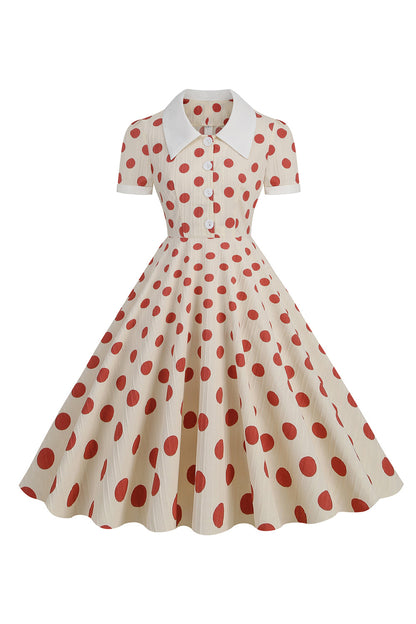 Red Polka Dots Vintage Dress With Short Sleeves