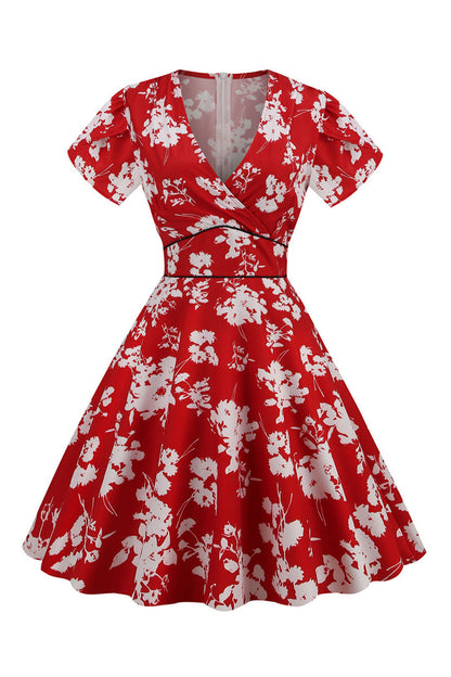 Pink V Neck Flower Print Swing Vintage Dress