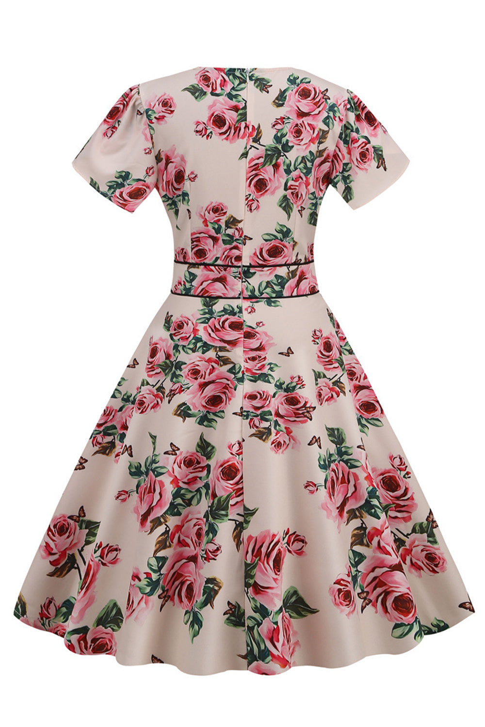 Pink V Neck Flower Print Swing Vintage Dress