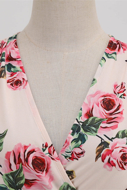 Pink V Neck Flower Print Swing Vintage Dress