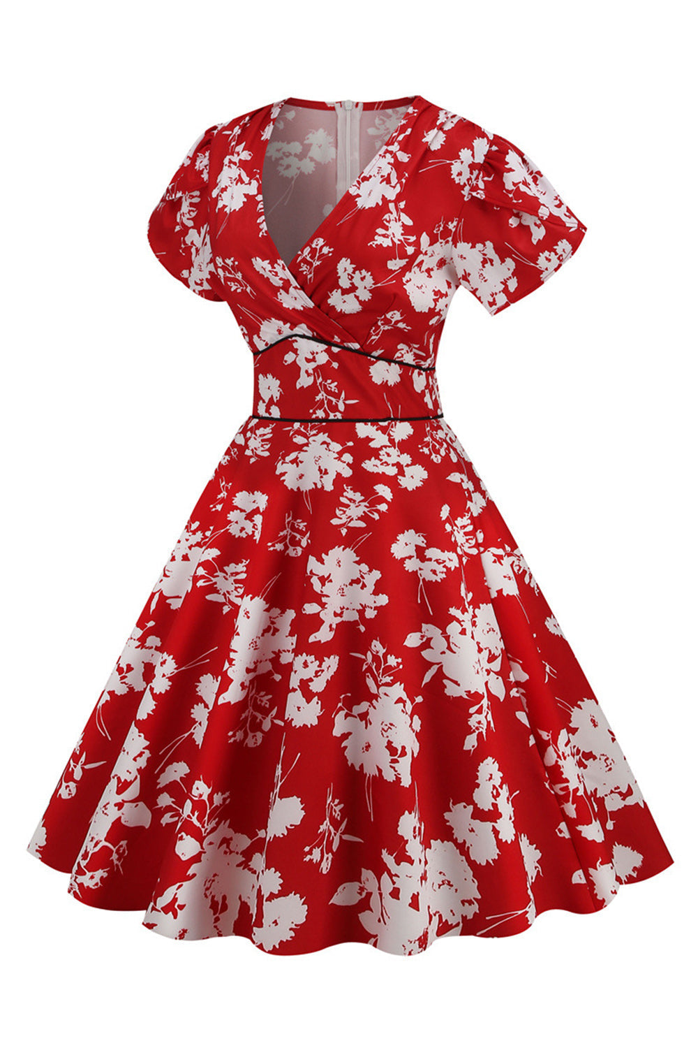 Pink V Neck Flower Print Swing Vintage Dress