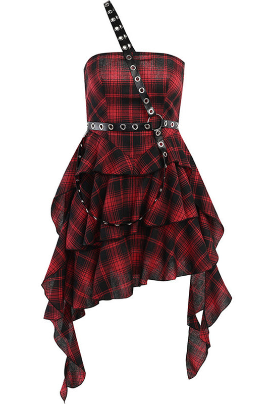 One Shoulder Red Plaid Asymmetrical Vintage Dress