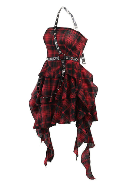 One Shoulder Red Plaid Asymmetrical Vintage Dress