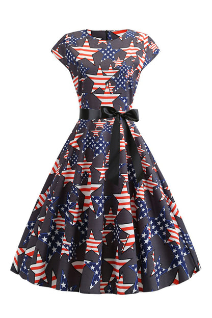 Black Cap Sleeves American Flag Printed Vintage Dress