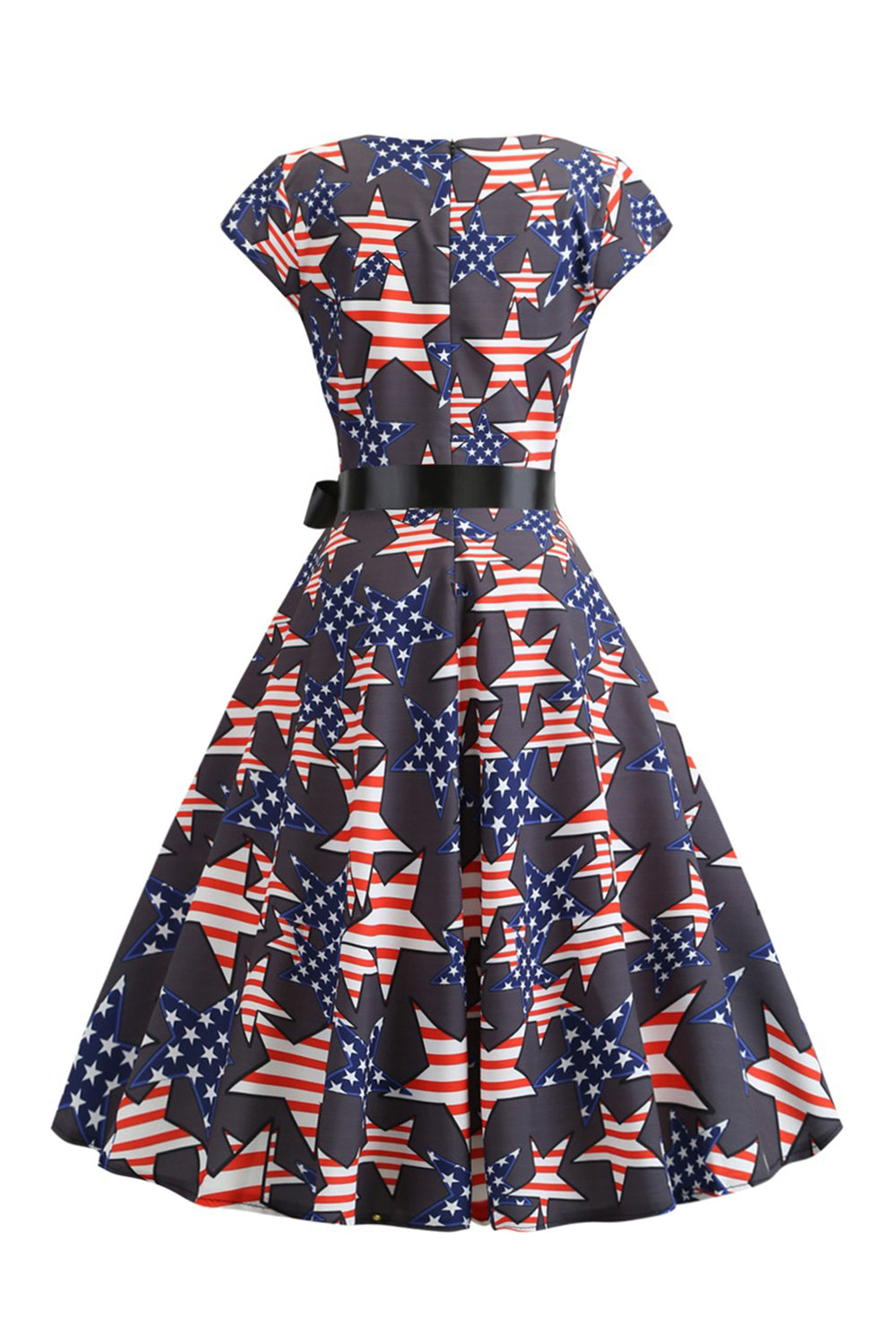 Black Cap Sleeves American Flag Printed Vintage Dress