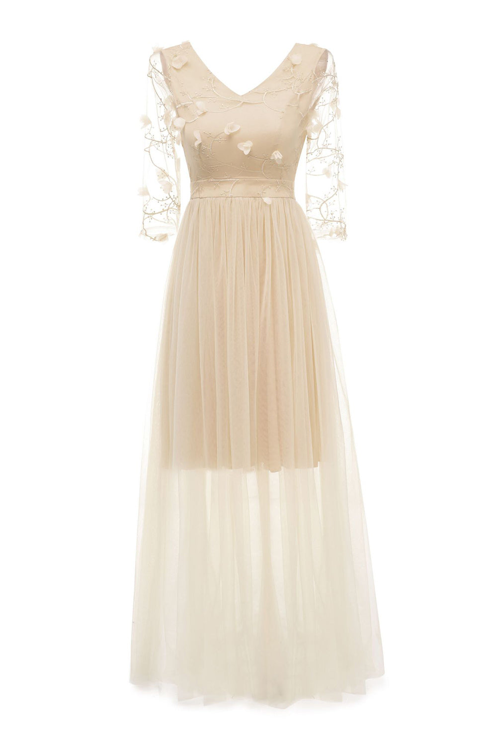 Apricot Tulle Long Sleeve Vintage Dress With Appliques