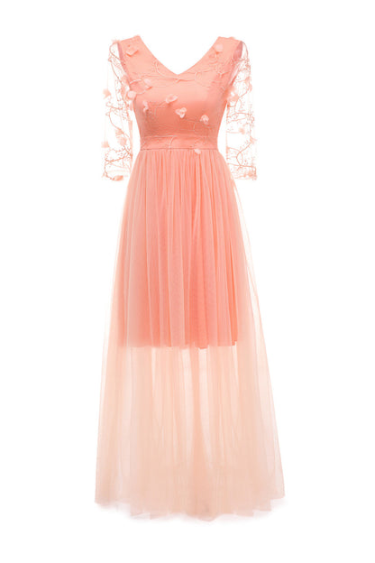 Apricot Tulle Long Sleeve Vintage Dress With Appliques