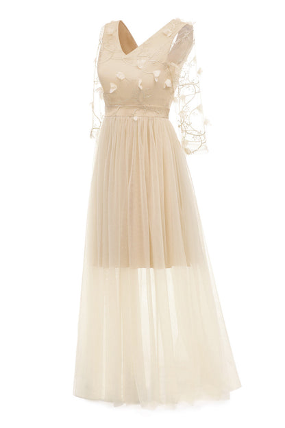 Apricot Tulle Long Sleeve Vintage Dress With Appliques