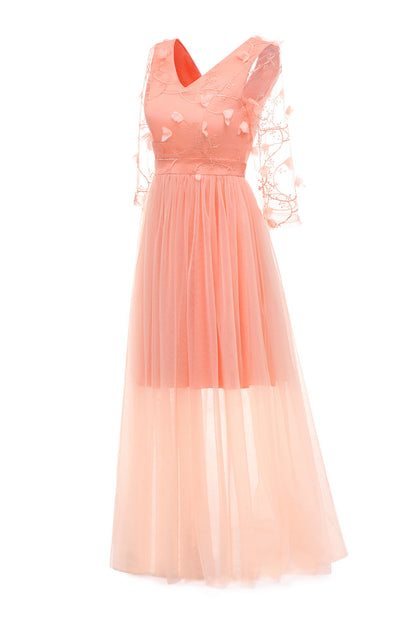 Apricot Tulle Long Sleeve Vintage Dress With Appliques