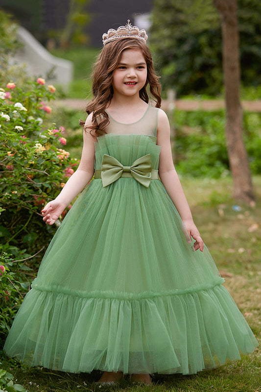 Green Straplee Tulle A Line Flower Girl Dress with Bow