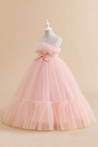 Green Straplee Tulle A Line Flower Girl Dress with Bow