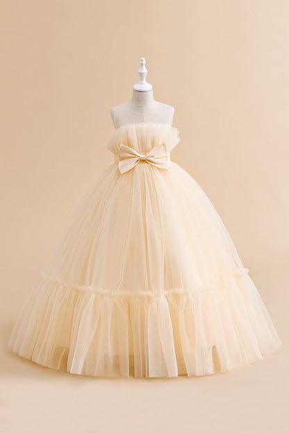 Green Straplee Tulle A Line Flower Girl Dress with Bow