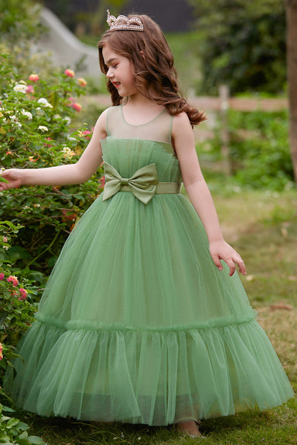 Green Straplee Tulle A Line Flower Girl Dress with Bow