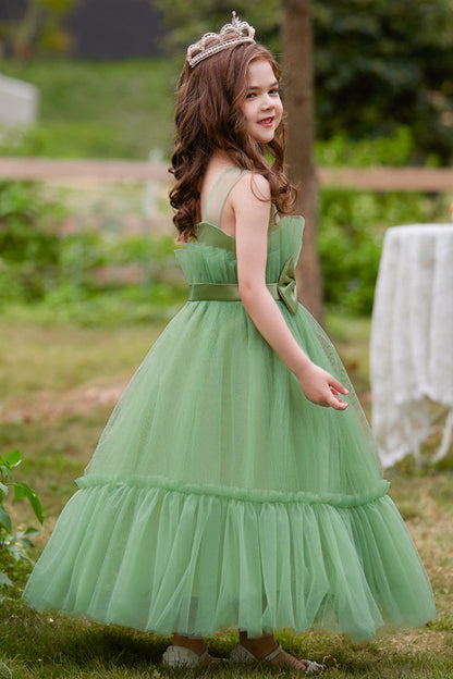 Green Straplee Tulle A Line Flower Girl Dress with Bow