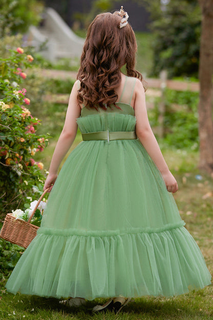 Green Straplee Tulle A Line Flower Girl Dress with Bow