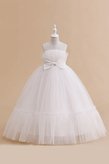 Green Straplee Tulle A Line Flower Girl Dress with Bow