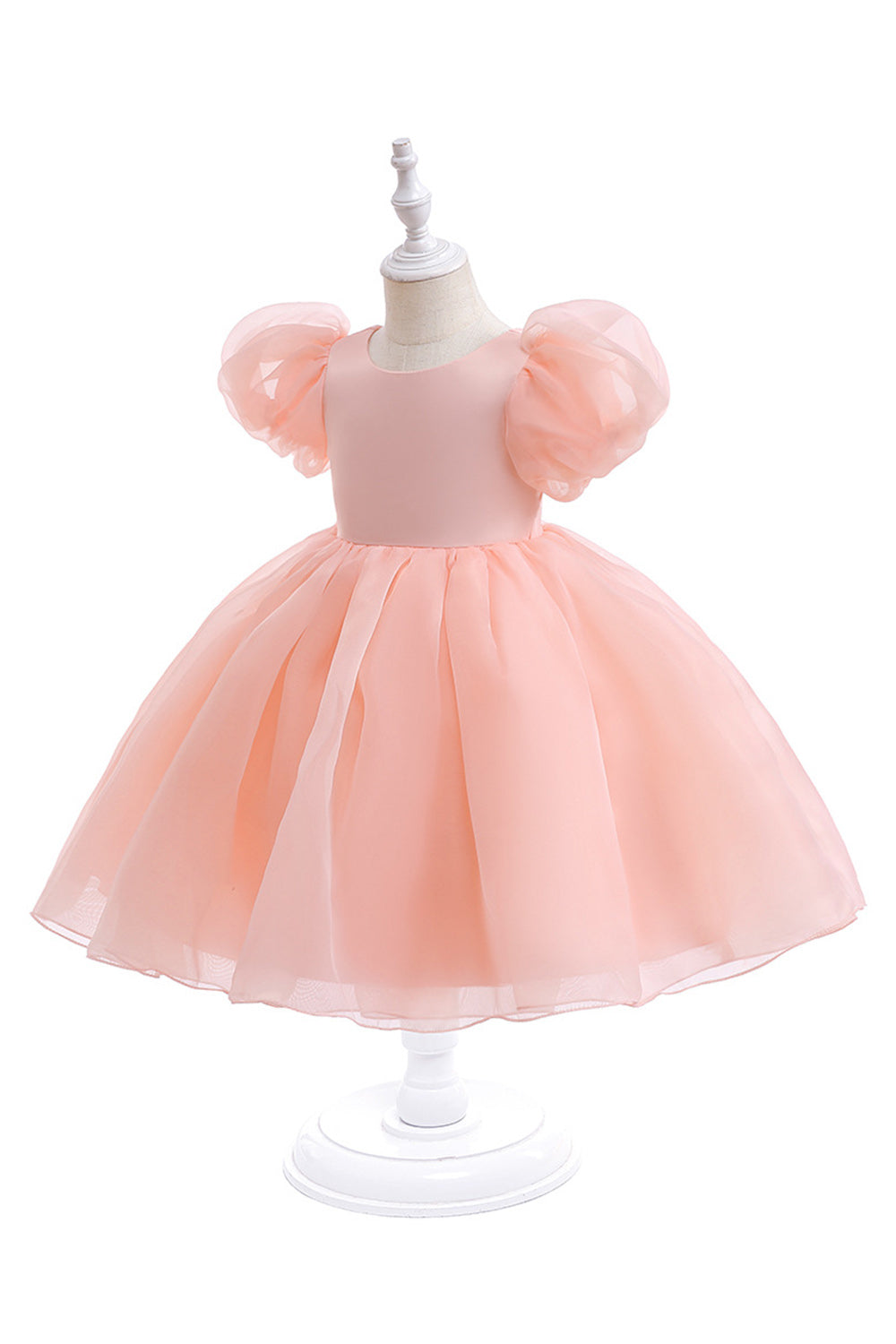 White Tulle A Line Flower Girl Dress with Puff Sleeves