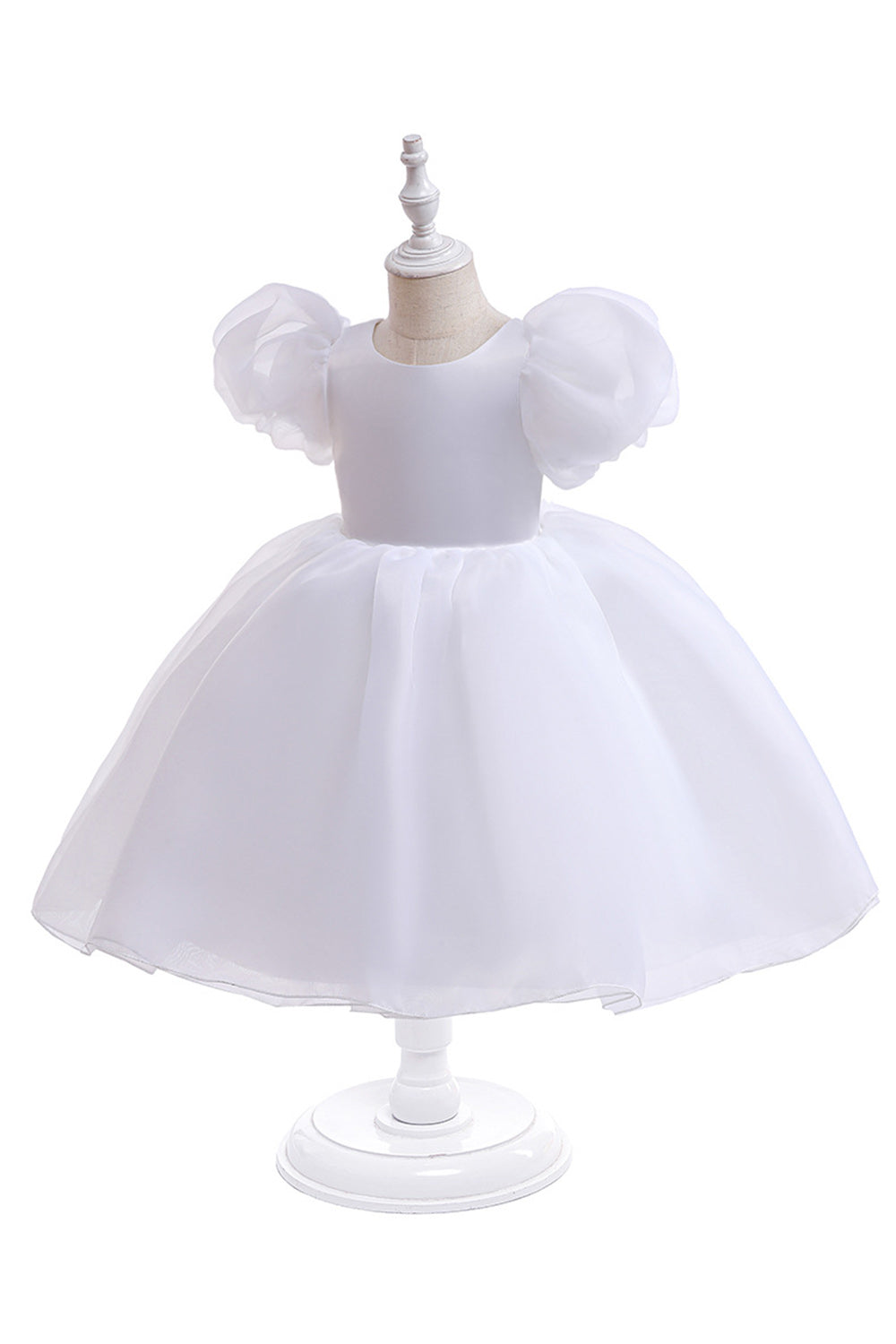 White Tulle A Line Flower Girl Dress with Puff Sleeves