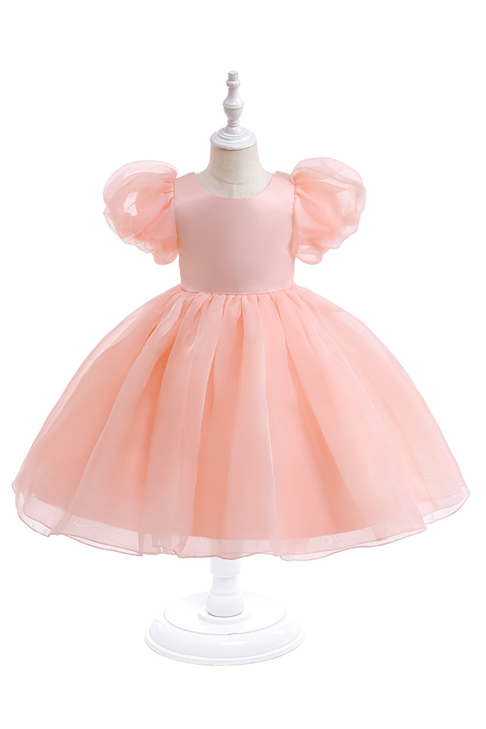 White Tulle A Line Flower Girl Dress with Puff Sleeves